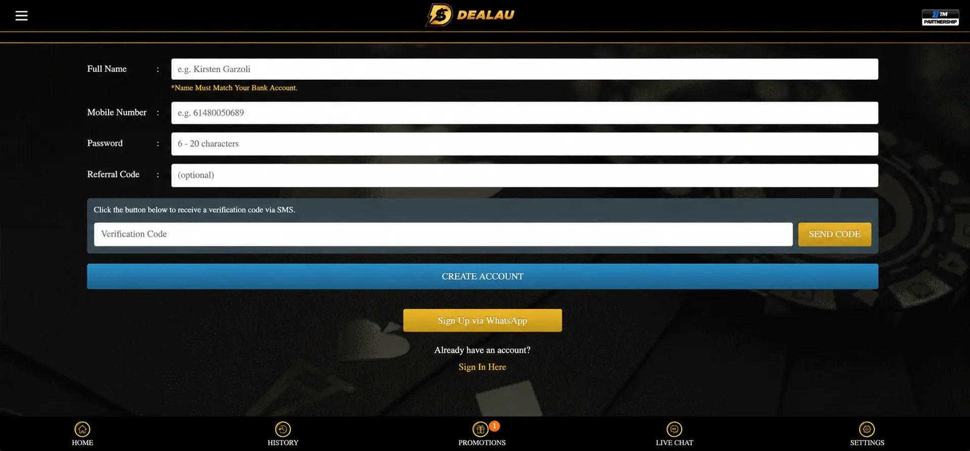 Dealau mobile registration screen